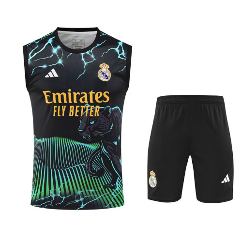 Adult Uniform 2025-2026 Real Madrid Black/Green Leopard Soccer Training Vest and Shorts Football Set