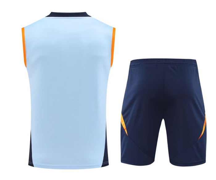 Adult Uniform 2025-2026 Real Madrid Light Blue/Yellow Soccer Training Vest and Shorts Football Set