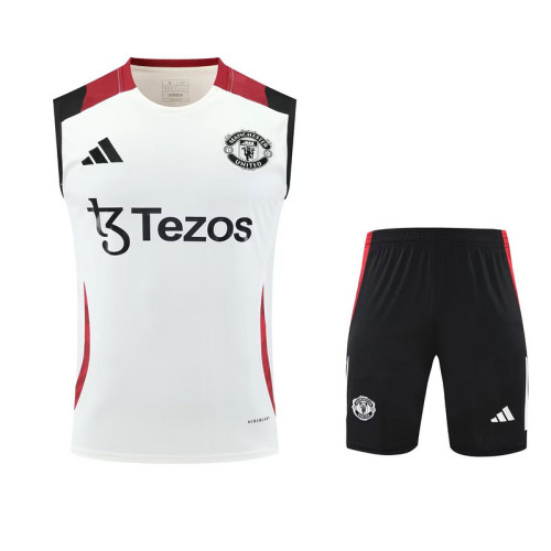 Adult Uniform 2025-2026 Manchester United White/Red/Black Soccer Training Vest and Shorts Football Set