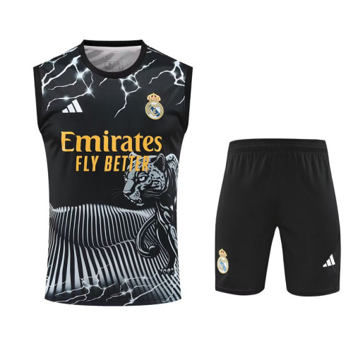 Adult Uniform 2025-2026 Real Madrid Black/Grey Leopard Soccer Training Vest and Shorts Football Set