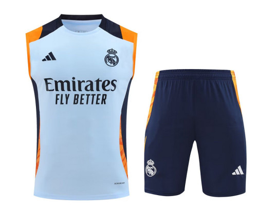 Adult Uniform 2025-2026 Real Madrid Light Blue/Yellow Soccer Training Vest and Shorts Football Set