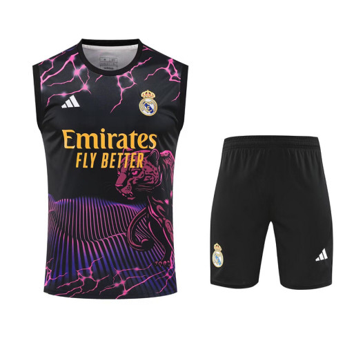 Adult Uniform 2025-2026 Real Madrid Black/Purple Leopard Soccer Training Vest and Shorts Football Set