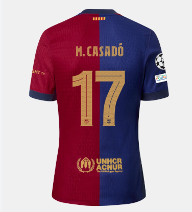 with new Sponor Logo+UCL Patch Barca Camisetas de Futbol Fan Version 2024-2025 Barcelona M. Casadó 17 Home Soccer Jersey