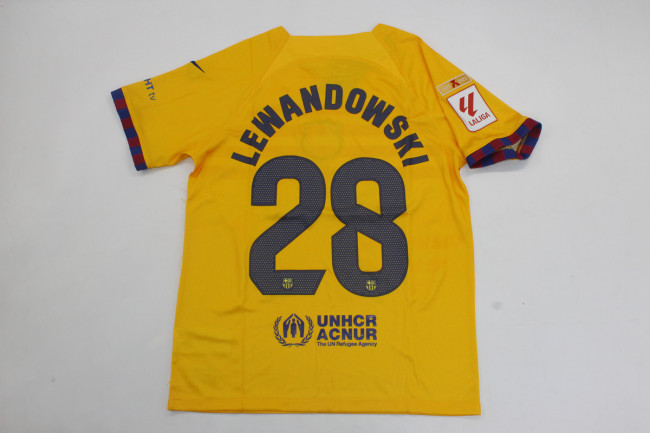 with Champions+Laliga Patch Retro Jersey 2023-2024 Barcelona LEWANDOWSKI 28 Fourth Away Yellow Soccer Jersey Vintage Football Shirt