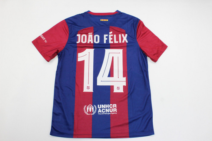 with UCL Patch Barcelona Camisetas de Futbol Fans Version 2023-2024 Barcelona JOAO FELIX 14 Home Soccer Jersey