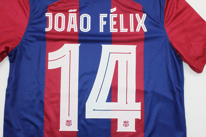 with UCL Patch Barcelona Camisetas de Futbol Fans Version 2023-2024 Barcelona JOAO FELIX 14 Home Soccer Jersey