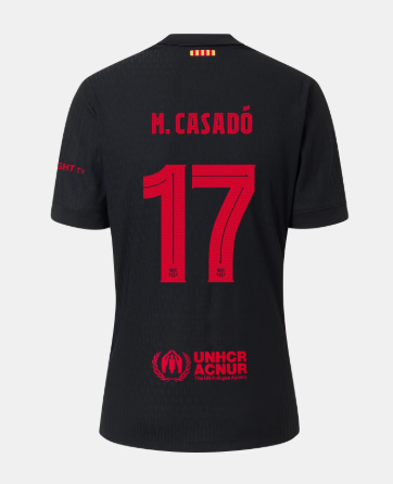 with Big Spofity Barca Camisetas de Futbol Fan Version 2024-2025 Barcelona M. Casadó 17 Away Black Soccer Jersey