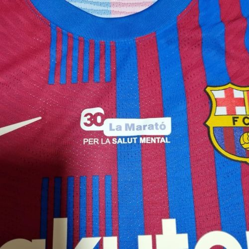 with Laliga Patch+La Marato PER LA SALUT MENTAL Retro Jersey 2021-2022 Barcelona Home Soccer Jersey Vintage Football Shirt
