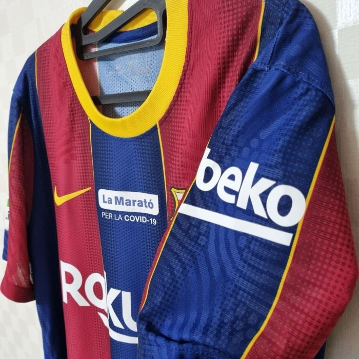 with Laliga+Beko+La Marato PER LA COVID-19 Retro Jersey 2020-2021 Barcelona Home Soccer Jersey Vintage Football Shirt