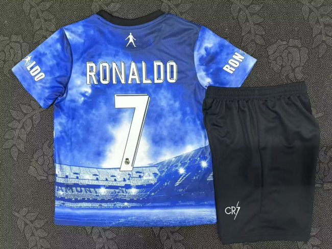 Youth Uniform Kids Kit 2025-2026 Real Madrid RONALDO 7 Blue Special Edition Soccer Jersey Shorts Child Football Set