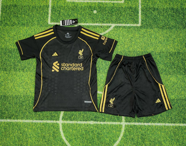 Youth Uniform Kids Kit 2025-2026 Liverpool Away Black Soccer Jersey Shorts Child Football Set