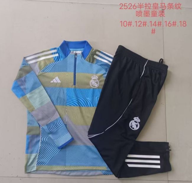 Youth 2025-2026 Real Madrid Blue/Yellow Soccer Training Sweater and Pants Football Kit