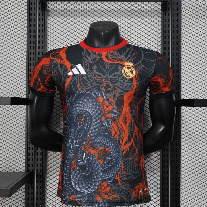 Player Version 2025-2026 Real Madrid Black/Orange Dragon Soccer Jersey Real Football Shirt
