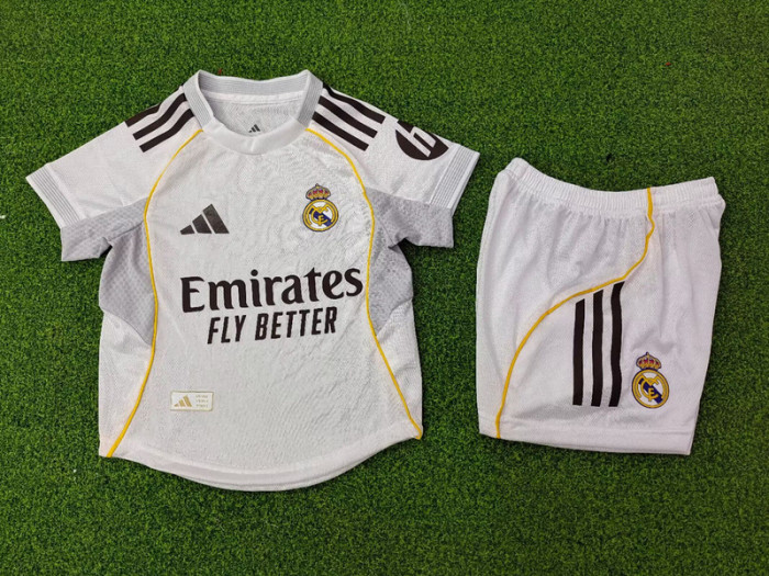 Player Version Youth Uniform Kids Kit 2025-2026 Real Madrid Home Soccer Jersey Shorts Child Football Set