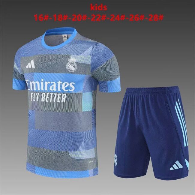 Youth Uniform Kids Kit 2025-2026 Real Madrid Blue/Purple Soccer Training Jersey Shorts Child Football Set