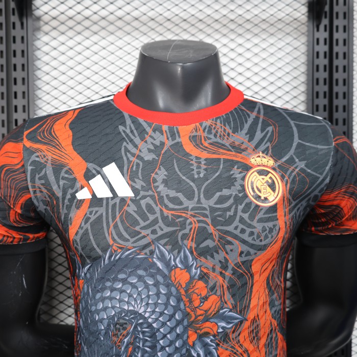 Player Version 2025-2026 Real Madrid Black/Orange Dragon Soccer Jersey Real Football Shirt