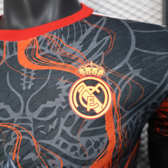 Player Version 2025-2026 Real Madrid Black/Orange Dragon Soccer Jersey Real Football Shirt