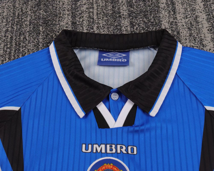 Retro Youth Uniform Kids Kit 1996-1998 Manchester United Third Away Blue Soccer Jersey Shorts Vintage Child Football Set
