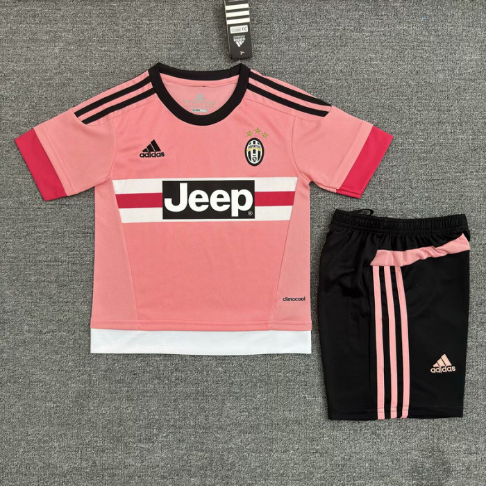 Retro Youth Uniform Kids Kit 2015-2016 Juventus Away Pink Soccer Jersey Shorts Child Football Set