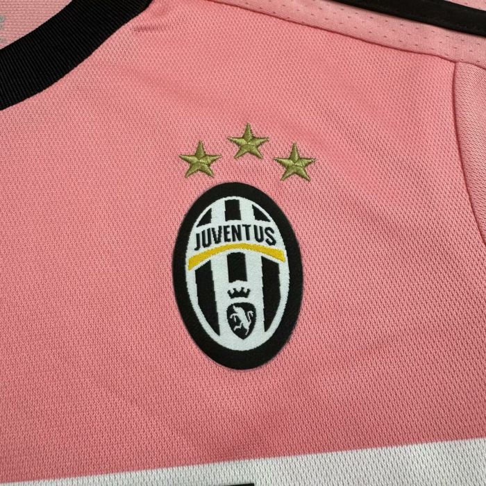 Retro Youth Uniform Kids Kit 2015-2016 Juventus Away Pink Soccer Jersey Shorts Child Football Set