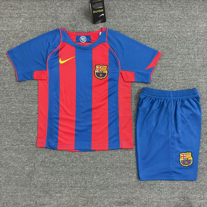 Retro Youth Uniform Kids Kit 2004-2005 Barcelona Home Soccer Jersey Shorts Vintage Child Football Set