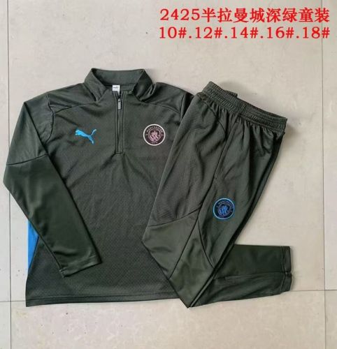 Youth 2025-2026 Manchester City Dark Green Soccer Training Sweater and Pants Football Kit