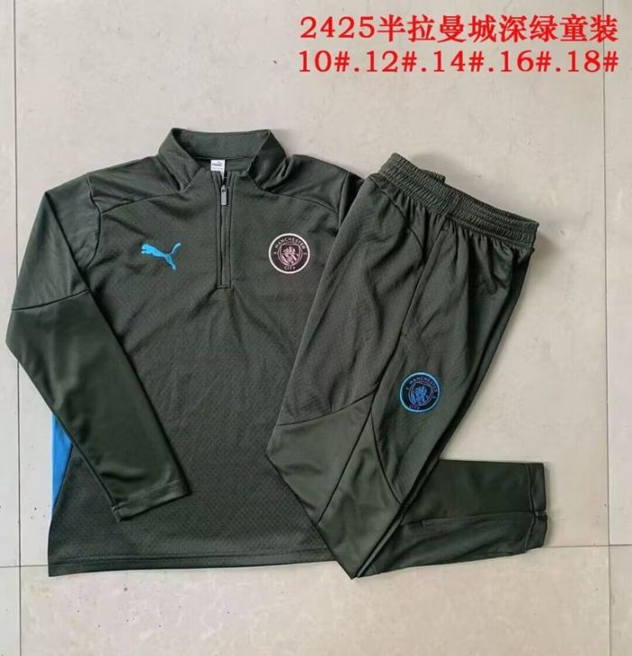Youth 2025-2026 Manchester City Dark Green Soccer Training Sweater and Pants Football Kit