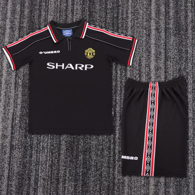 Retro Youth Uniform Kids Kit 1999 Manchester United Away Black Soccer Jersey Shorts Vintage Child Football Set