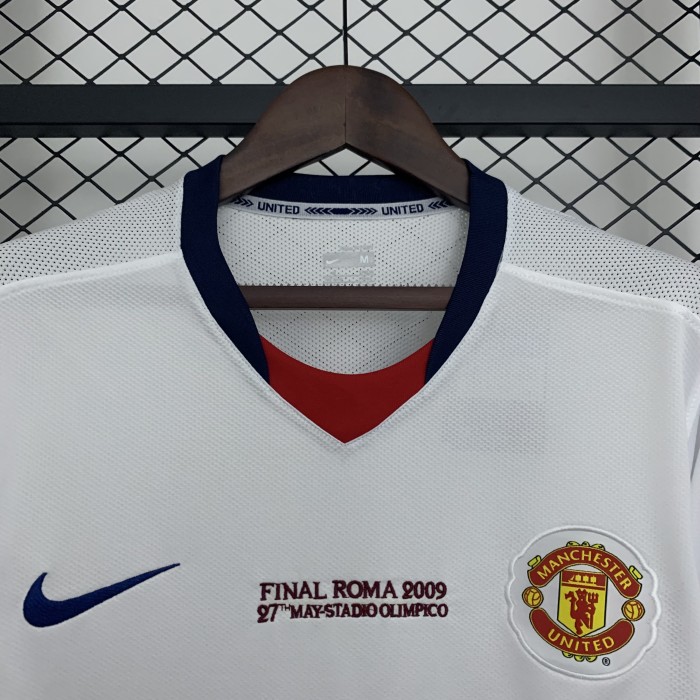 with Front Lettering Long Sleeve Retro Jersey 2008-2009 Manchester United UCL Final Away White Soccer Jersey
