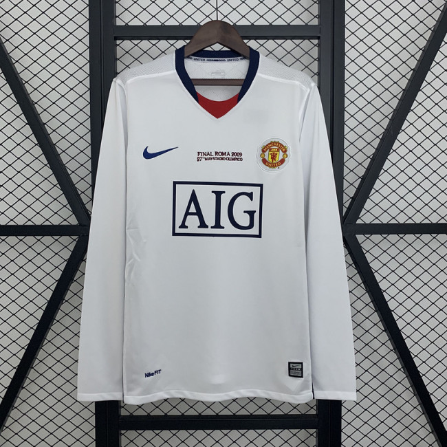 with Front Lettering Long Sleeve Retro Jersey 2008-2009 Manchester United UCL Final Away White Soccer Jersey