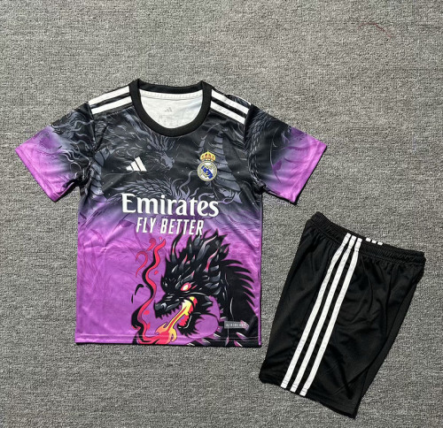 Youth Uniform Kids Kit 2025-2026 Real Madrid Purple Dragon Soccer Jersey Shorts Child Football Set