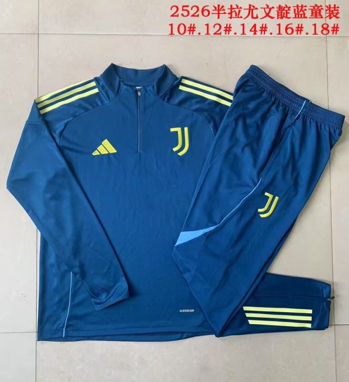 Youth 2025-2026 Juventus Dark Blue Soccer Training Sweater and Pants Football Kit