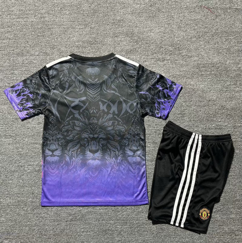 Youth Uniform Kids Kit 2025-2026 Manchester United Black/Purple Lion Soccer Jersey Shorts Child Football Set