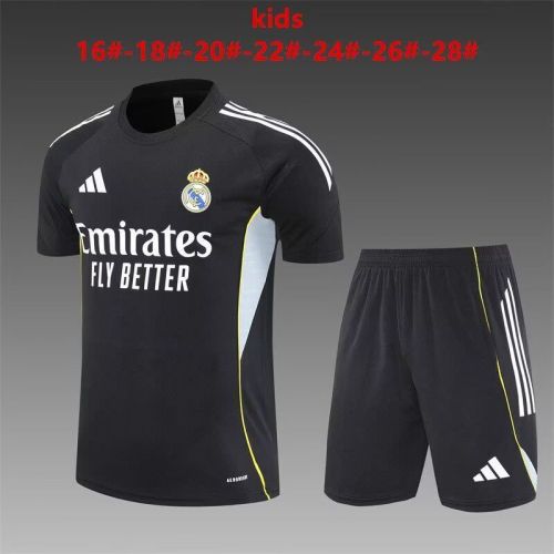 Youth Uniform Kids Kit 2025-2026 Real Madrid Black Soccer Training Jersey Shorts Child Football Set