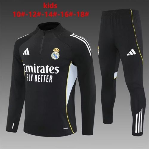 Youth 2025-2026 Real Madrid Black Soccer Training Sweater and Pants Football Kit