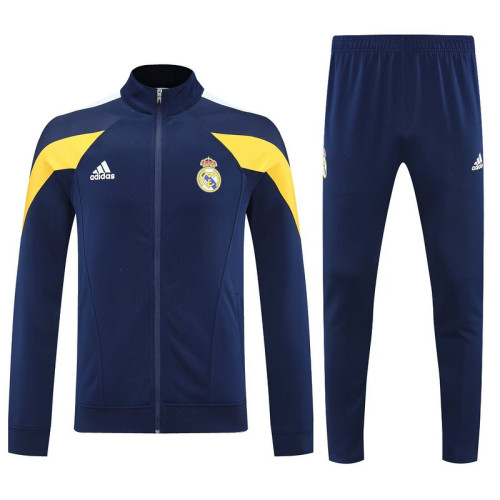 Retro Model 2025-2026 Real Madrid Dark Blue/White/Yellow Soccer Training Jacket Football Jacket and Pants