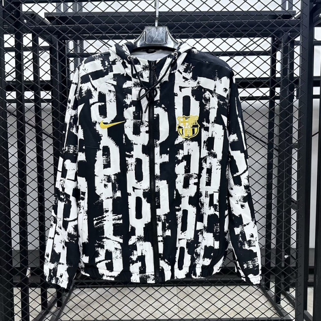 with Cap 2025-2026 Barcelona Black/White Soccer Windbreaker Jacket Football Jacket
