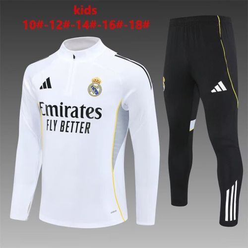 Youth 2025-2026 Real Madrid White Soccer Training Sweater and Pants Football Kit