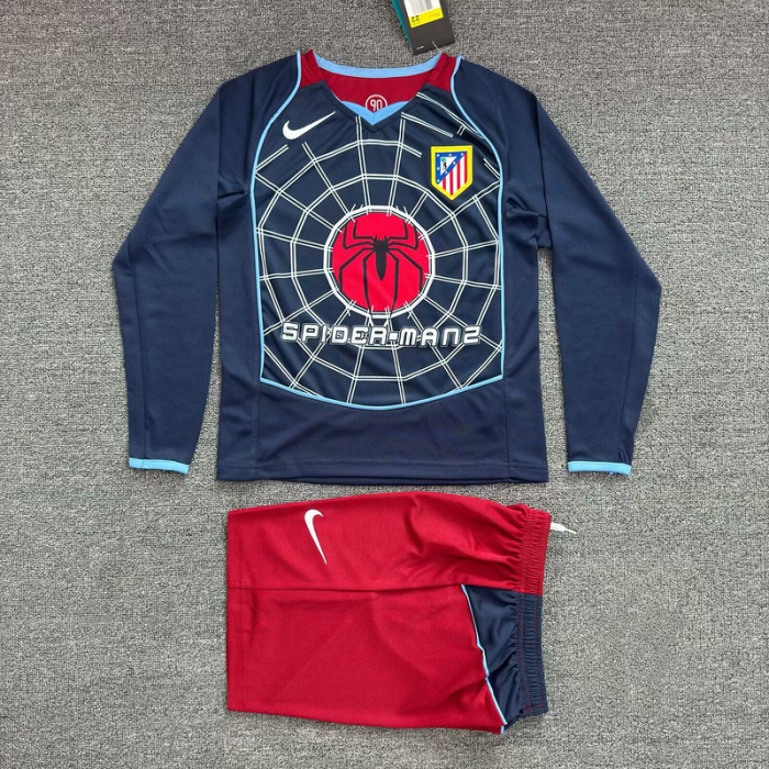 Long Sleeve Retro Youth Uniform Kids Kit 2004-2005 Atletico Madrid Away Dark Blue Soccer Jersey Shorts Vintage Child Football Set