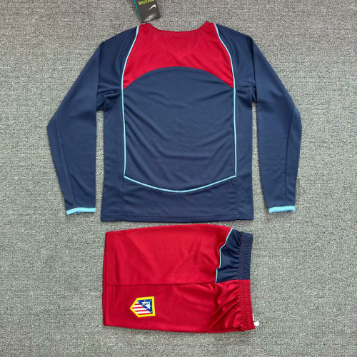 Long Sleeve Retro Youth Uniform Kids Kit 2004-2005 Atletico Madrid Away Dark Blue Soccer Jersey Shorts Vintage Child Football Set
