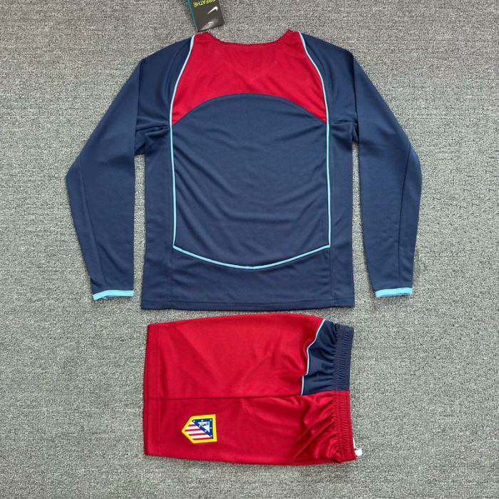 Long Sleeve Retro Youth Uniform Kids Kit 2004-2005 Atletico Madrid Away Dark Blue Soccer Jersey Shorts Vintage Child Football Set