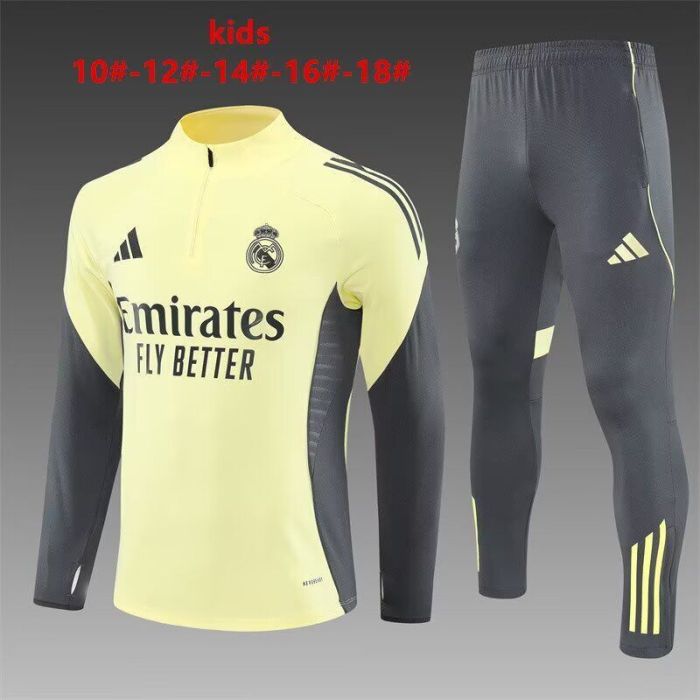 Youth 2025-2026 Real Madrid Yellow/Grey Soccer Training Sweater and Pants Football Kit