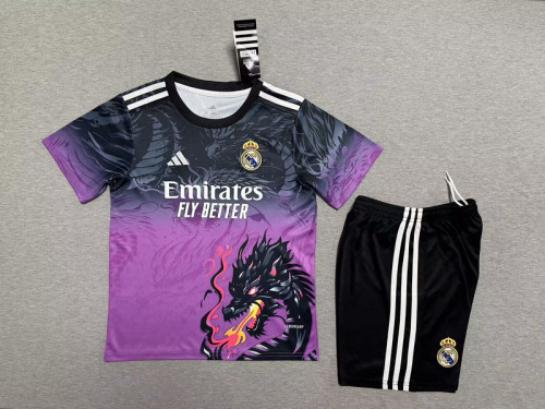 Youth Uniform Kids Kit 2025-2026 Real Madrid Black/Purple Dragon Soccer Training Jersey Shorts Child Football Set