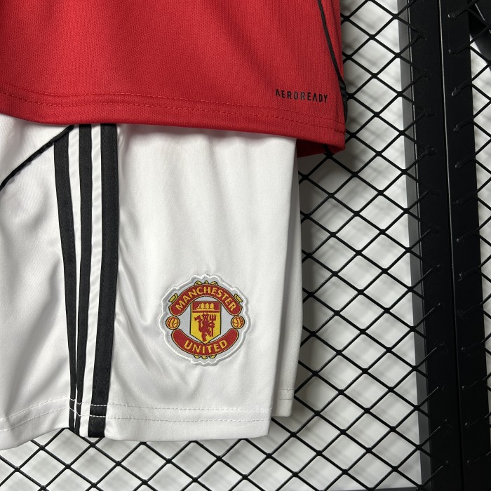 Youth Uniform Kids Kit 2025-2026 Manchester United Home Soccer Jersey Shorts Child Football Set