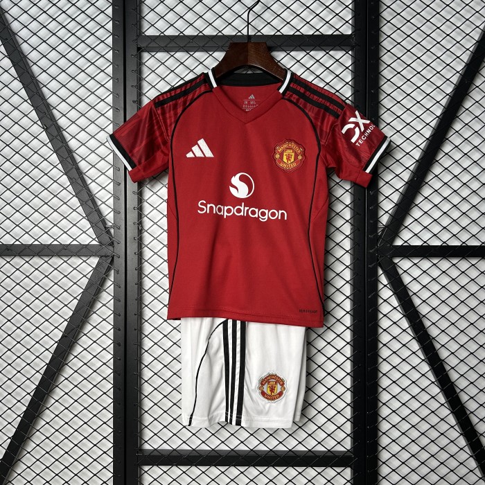 Youth Uniform Kids Kit 2025-2026 Manchester United Home Soccer Jersey Shorts Child Football Set