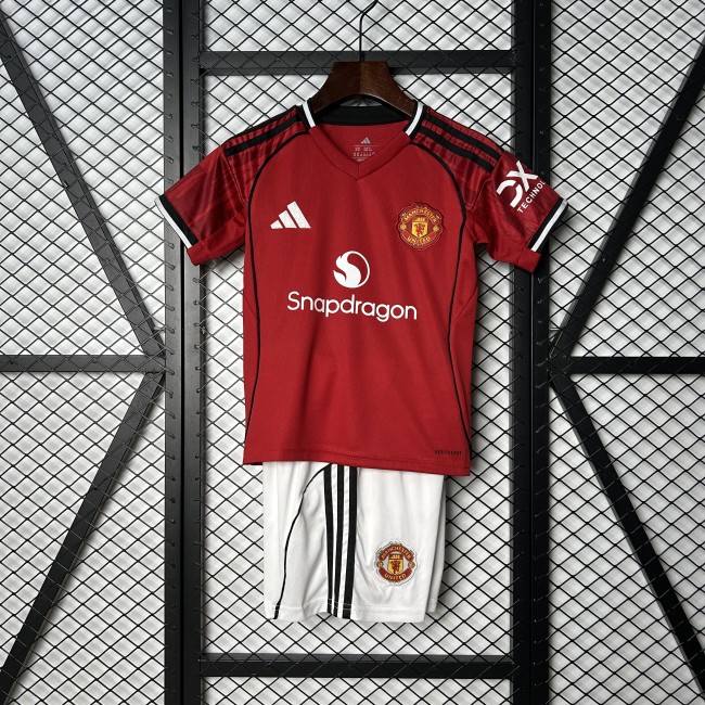 Youth Uniform Kids Kit 2025-2026 Manchester United Home Soccer Jersey Shorts Child Football Set