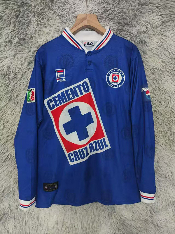 with FMF Patch Long Sleeve Retro Jersey 1997-1998 Cruz Azul Home Soccer Jersey Vintage Football Shirt