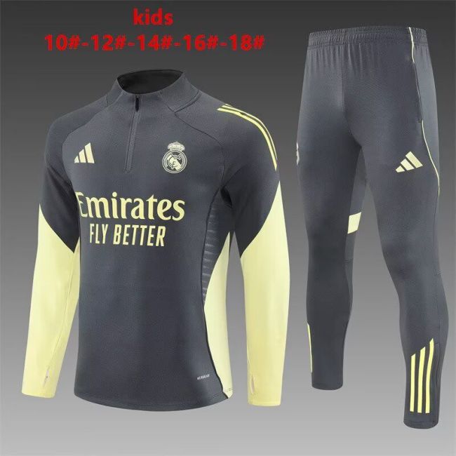 Youth 2025-2026 Real Madrid Grey/Yellow Soccer Training Sweater and Pants Football Kit