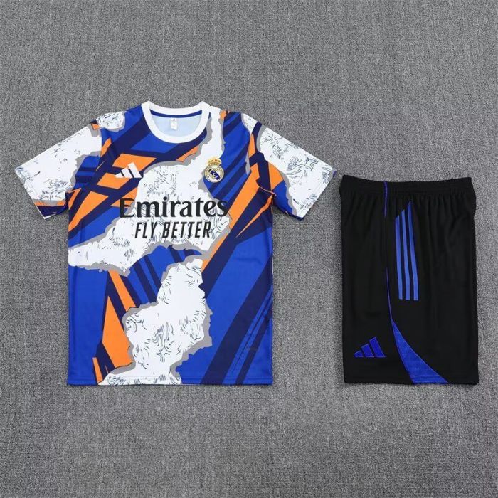 Adult Uniform 2025-2026 Real Madrid White/Blue/Orange Soccer Training Jersey and Shorts Football Kits