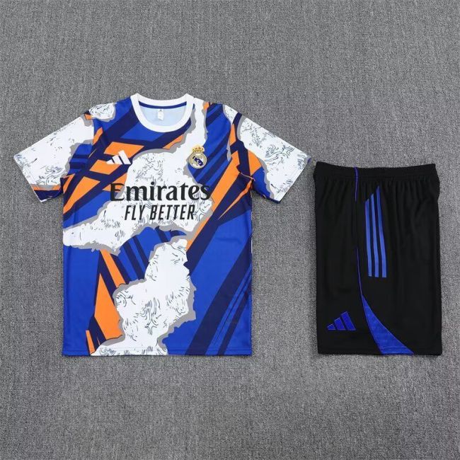 Adult Uniform 2025-2026 Real Madrid White/Blue/Orange Soccer Training Jersey and Shorts Football Kits